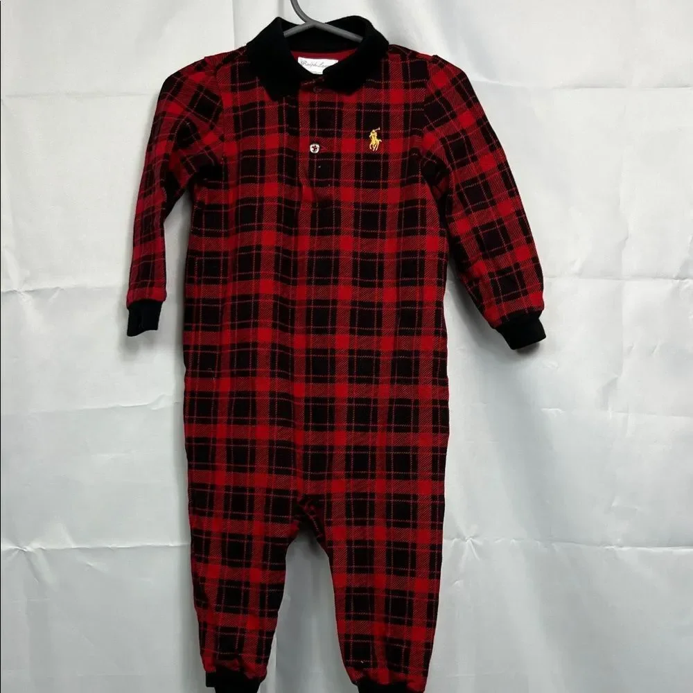 Ralph Lauren red and black plaid long sleeve knit jumpsuit size 12 months